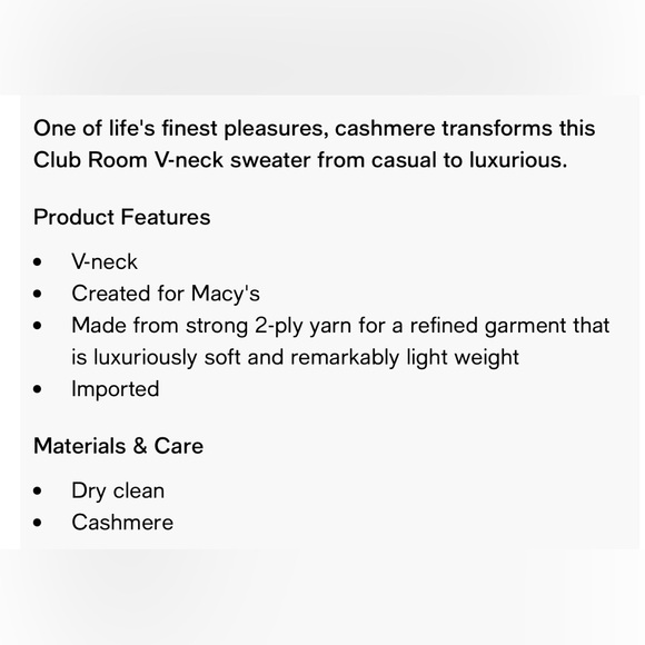 Men's V-Neck 2 Ply Cashmere Sweater, Created for Macy's; Size Large. - Picture 2 of 4